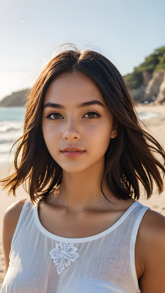 a (((vividly portrait))), capturing a young Brazilian teen girl with long, flowing (((straight bob cut hair))), her eyes sparkling and her skin radiant, wearing comfortable clothes, perfect curved body, embodying flawless beauty, full lips, ((angelic round face)) ((super realistic photo)) ((stunning)) ((gorgeous)) ((at beach)) ((upper body)) 4k