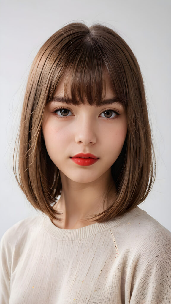 a (((vividly portrait))), capturing a young teen girl, 13 years old, with long, flowing (((straight bob cut hair, bangs cut))), her eyes sparkling and her skin radiant, wearing comfortable clothes, perfect curved body, embodying flawless beauty, ((full red lips)), ((angelic round face)) ((super realistic photo)) ((stunning)) ((gorgeous)) ((white background)) ((upper body)) 4k