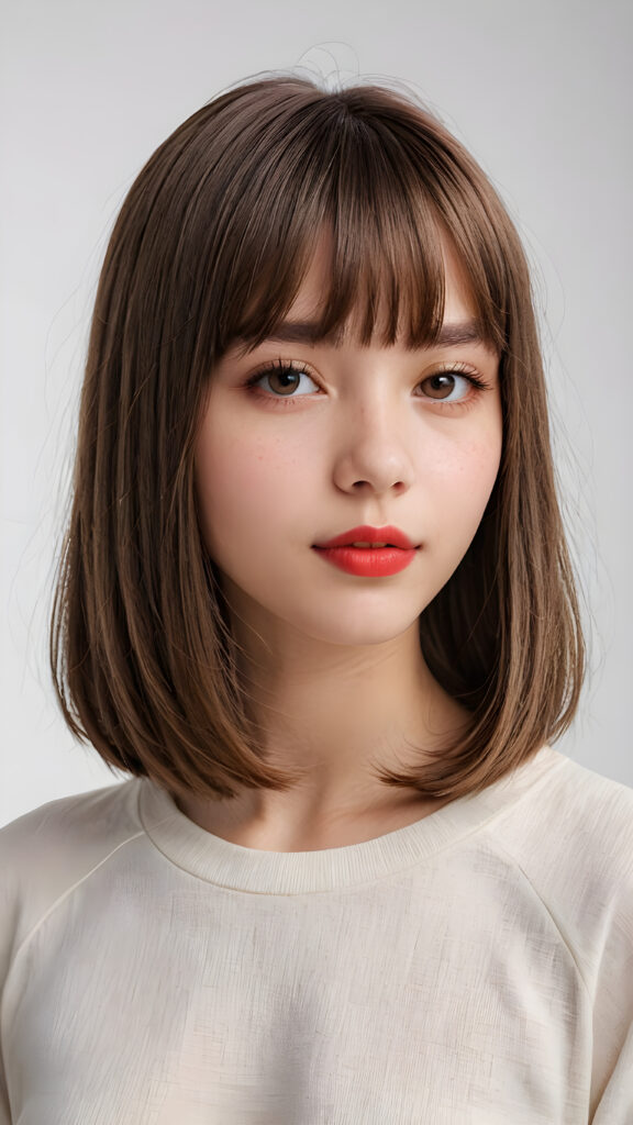 a (((vividly portrait))), capturing a young teen girl, 13 years old, with long, flowing (((straight bob cut hair, bangs cut))), her eyes sparkling and her skin radiant, wearing comfortable clothes, perfect curved body, embodying flawless beauty, ((full red lips)), ((angelic round face)) ((super realistic photo)) ((stunning)) ((gorgeous)) ((white background)) ((upper body)) 4k