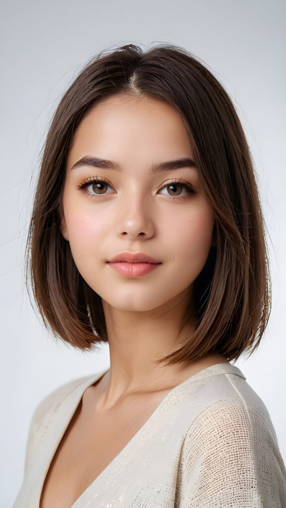 a (((vividly portrait))), capturing a young teen girl with long, flowing (((straight bob cut hair))), her eyes sparkling and her skin radiant, wearing comfortable clothes, perfect curved body, embodying flawless beauty, full lips, ((angelic round face)) ((super realistic photo)) ((stunning)) ((gorgeous)) ((white background)) ((upper body)) 4k