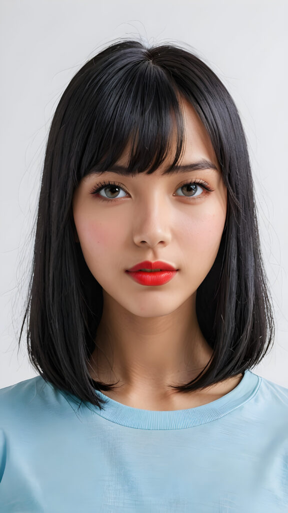 a (((vividly portrait))), capturing a young teen girl with long, flowing (((straight bob cut black hair, bangs cut))), her eyes sparkling and her skin radiant, ((wearing a light blue t-shirt)), perfect curved body, embodying flawless beauty, ((full red lips)), ((angelic round face)) ((super realistic photo)) ((stunning)) ((gorgeous)) ((white background)) ((upper body)) 4k