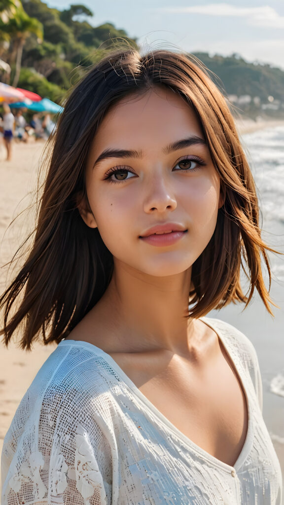 a (((vividly portrait))), capturing a young Brazilian teen girl with long, flowing (((straight bob cut hair))), her eyes sparkling and her skin radiant, wearing comfortable clothes, perfect curved body, embodying flawless beauty, full lips, ((angelic round face)) ((super realistic photo)) ((stunning)) ((gorgeous)) ((at beach)) ((upper body)) 4k