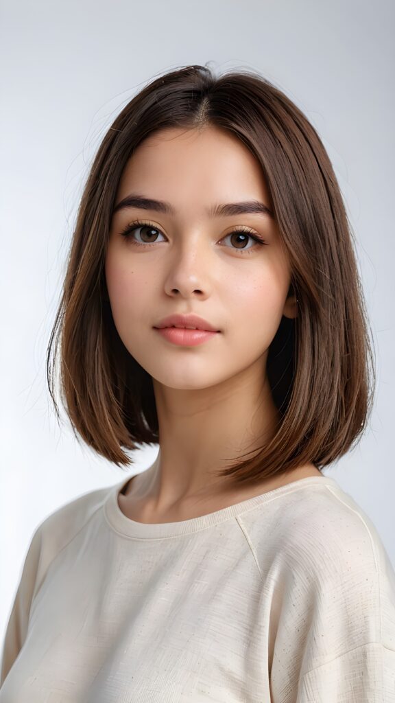 a (((vividly portrait))), capturing a young teen girl with long, flowing (((straight bob cut hair))), her eyes sparkling and her skin radiant, wearing comfortable clothes, perfect curved body, embodying flawless beauty, full lips, ((angelic round face)) ((super realistic photo)) ((stunning)) ((gorgeous)) ((white background)) ((upper body)) 4k