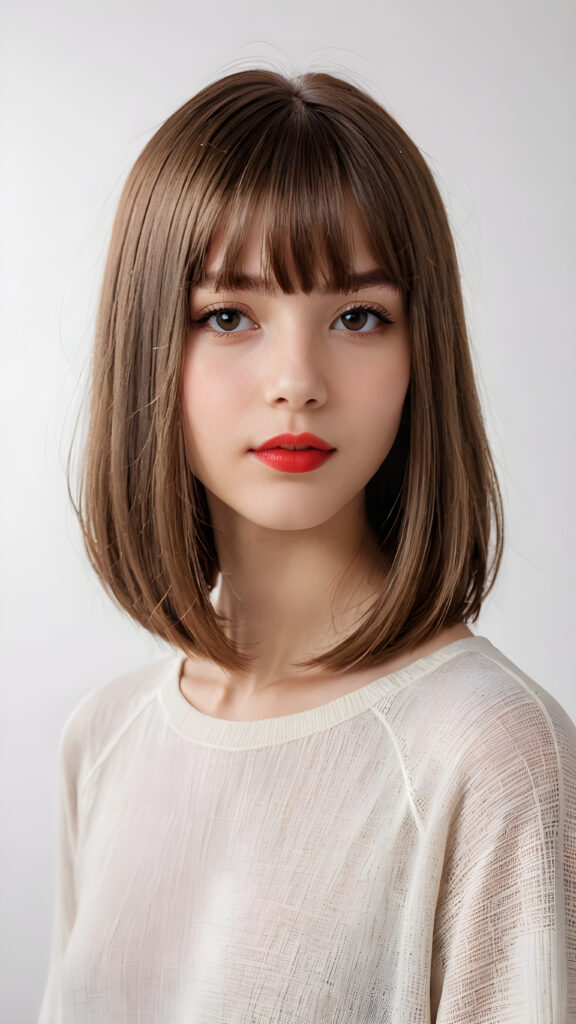 a (((vividly portrait))), capturing a young teen girl, 13 years old, with long, flowing (((straight bob cut hair, bangs cut))), her eyes sparkling and her skin radiant, wearing comfortable clothes, perfect curved body, embodying flawless beauty, ((full red lips)), ((angelic round face)) ((super realistic photo)) ((stunning)) ((gorgeous)) ((white background)) ((upper body)) 4k