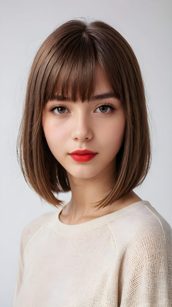 a (((vividly portrait))), capturing a young teen girl, 13 years old, with long, flowing (((straight bob cut hair, bangs cut))), her eyes sparkling and her skin radiant, wearing comfortable clothes, perfect curved body, embodying flawless beauty, ((full red lips)), ((angelic round face)) ((super realistic photo)) ((stunning)) ((gorgeous)) ((white background)) ((upper body)) 4k