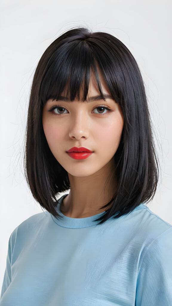 a (((vividly portrait))), capturing a young teen girl with long, flowing (((straight bob cut black hair, bangs cut))), her eyes sparkling and her skin radiant, ((wearing a light blue t-shirt)), perfect curved body, embodying flawless beauty, ((full red lips)), ((angelic round face)) ((super realistic photo)) ((stunning)) ((gorgeous)) ((white background)) ((upper body)) 4k