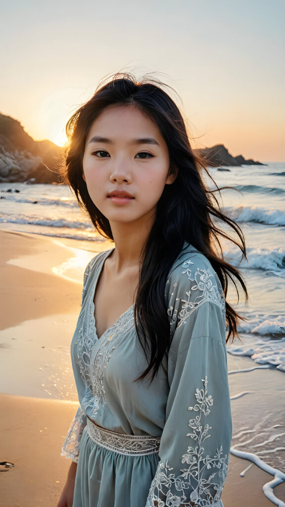 a (((vividly stunning, intricate, and detailed photograph))), capturing a (((Korean teen girl))) standing confidently on a (solitary sandy beach) under a breathtakingly peaceful sunrise, with long, flowing obsidian-black hair cascading down, full, defined lips, and a backdrop of the calm, rolling waters of an inviting ocean