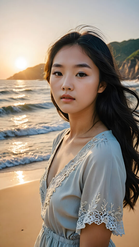 a (((vividly stunning, intricate, and detailed photograph))), capturing a (((Korean teen girl))) standing confidently on a (solitary sandy beach) under a breathtakingly peaceful sunrise, with long, flowing obsidian-black hair cascading down, full, defined lips, and a backdrop of the calm, rolling waters of an inviting ocean