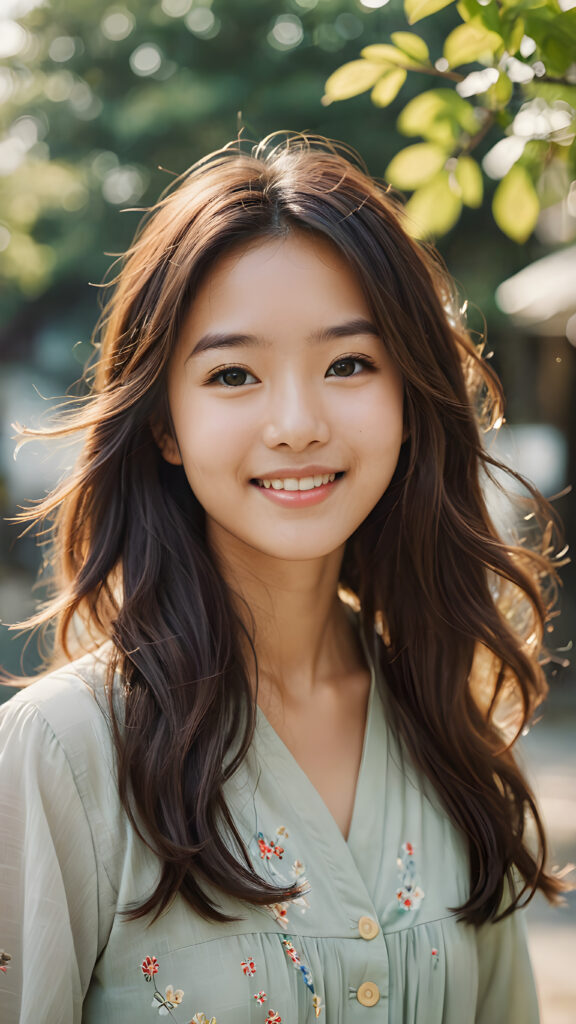 a warmly (((drawn))), ((softly colored)) portrait of a youthful Japanese girl with an endearing smile and flowing hair