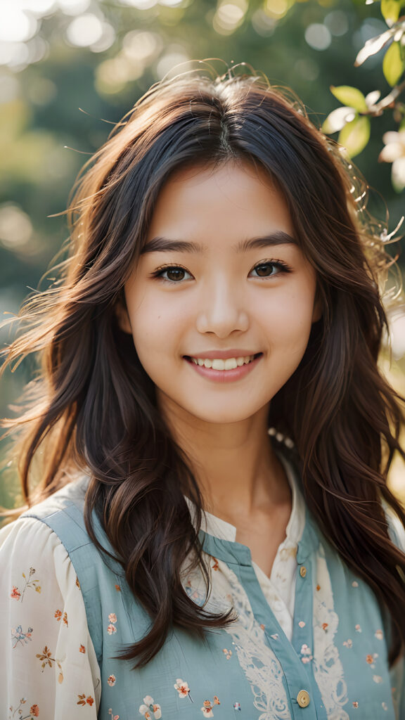 a warmly (((drawn))), ((softly colored)) portrait of a youthful Japanese girl with an endearing smile and flowing hair