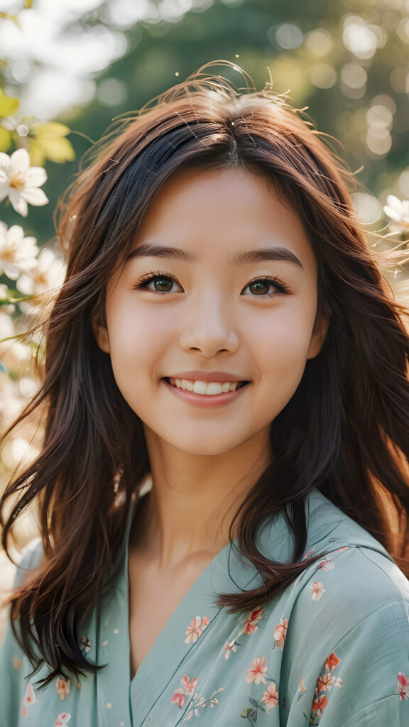 a warmly (((drawn))), ((softly colored)) portrait of a youthful Japanese girl with an endearing smile and flowing hair