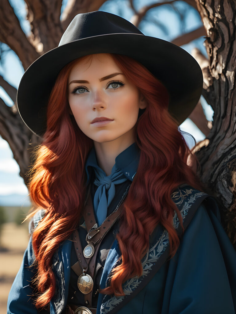 a western cowgirl, red head scottish girl with a blue vest cloak, with a tree black cowboy in black cloath