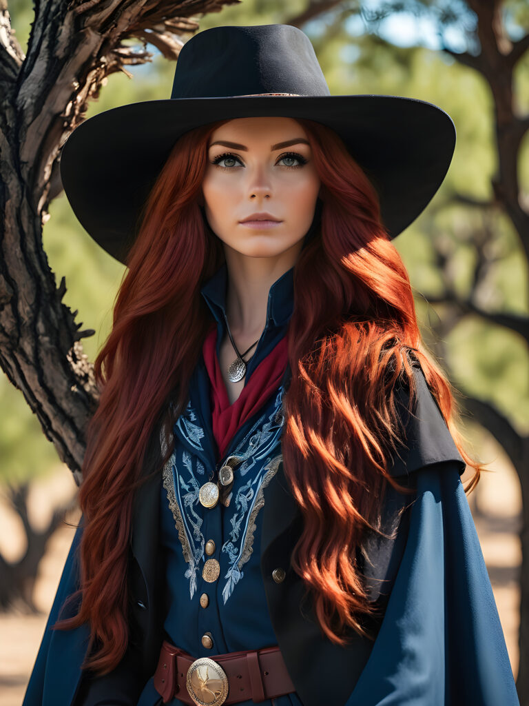 a western cowgirl, red head scottish girl with a blue vest cloak, with a tree black cowboy in black cloath