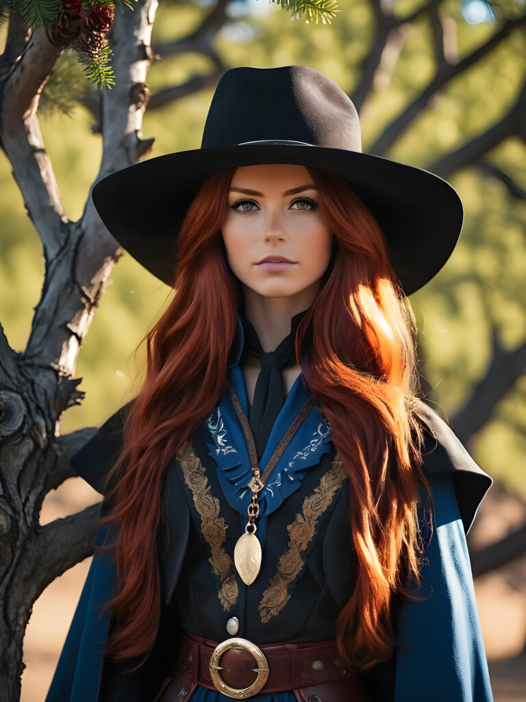 a western cowgirl, red head scottish girl with a blue vest cloak, with a tree black cowboy in black cloath