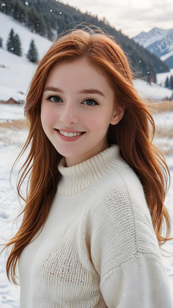 a wonderful and detailed photo: a sweet young red-haired teen girl with long, soft hair is wearing a white wool sweater. She is standing in a snowy landscape and smiling with joy.