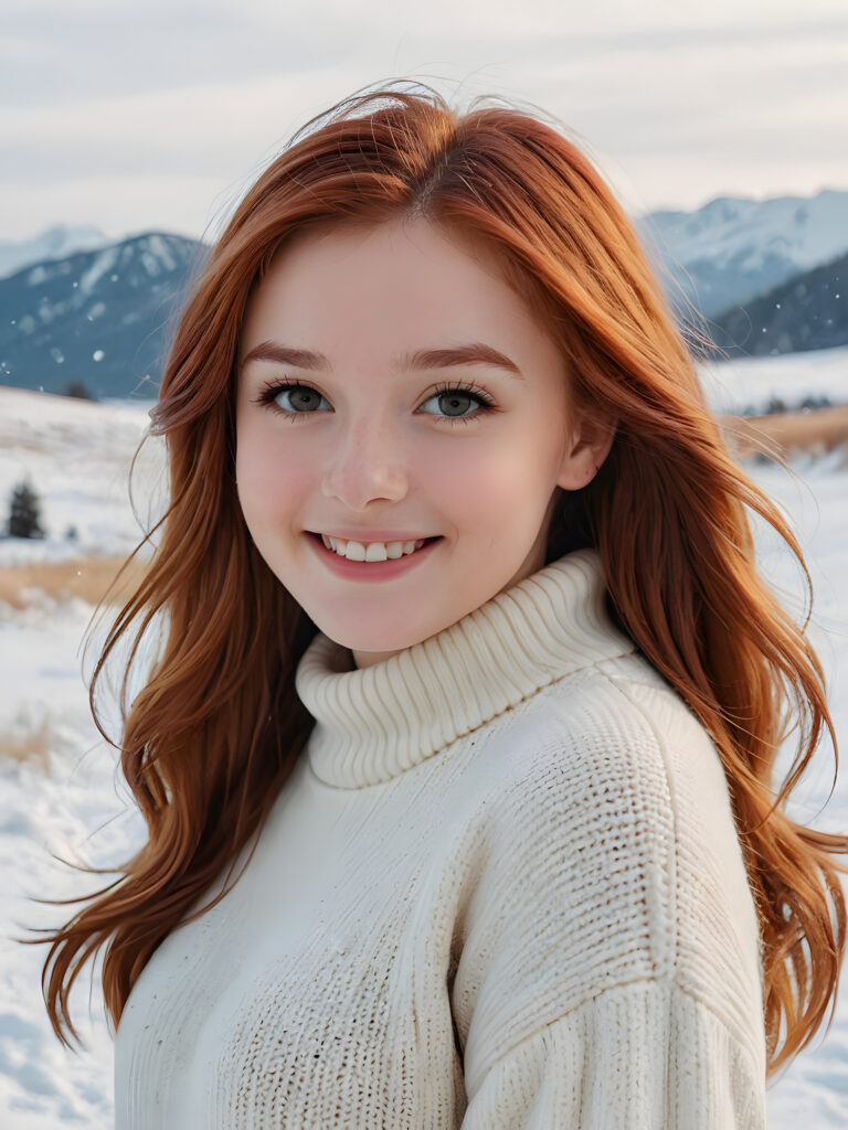 a wonderful and detailed photo: a sweet young red-haired teen girl with long, soft hair is wearing a white wool sweater. She is standing in a snowy landscape and smiling with joy.