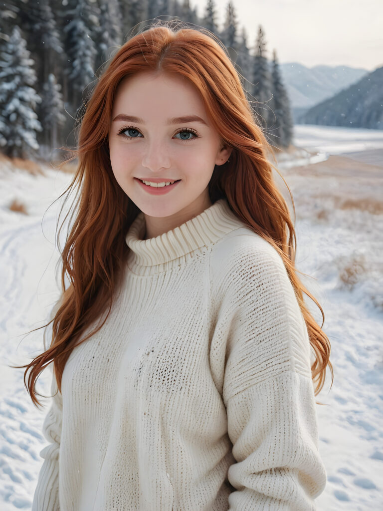 a wonderful and detailed photo: a sweet young red-haired teen girl with long, soft hair is wearing a white wool sweater. She is standing in a snowy landscape and smiling with joy.