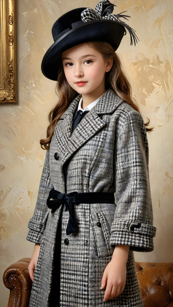 a wonderfully (((detailed painted scene))) by Pierre-Auguste Renoir, portraying a youthful girl of 8 in the 1930s, dressed in a long, luxurious (((coat with a classic pied de poule pattern))), paired with a diminutive, yet opulent (((velvet black hat))), exuding a playful whimsy that is accented by vivid pastel tones that bring each intricate detail into sharp relief, achieving a stunning (8K resolution) that is both crisp and clear, capturing a level of realism that is truly endearing