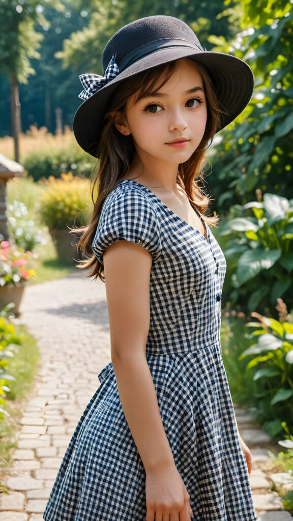 a wonderfully (((detailed and realistic scene))), a stunning and gorgeous cute girl of 13 in the 2000s, checkered thin summer dress, black hat