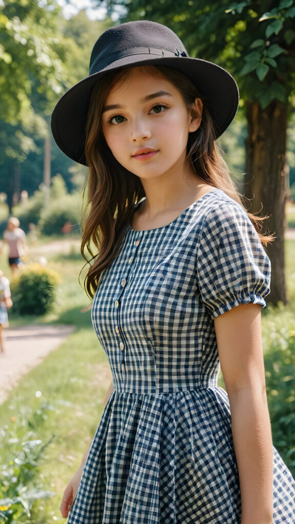 a wonderfully (((detailed and realistic scene))), a stunning and gorgeous cute girl of 13 in the 2000s, checkered thin summer dress, black hat