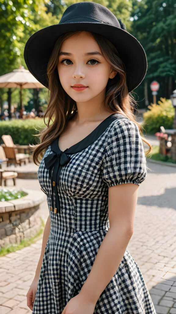 a wonderfully (((detailed and realistic scene))), a stunning and gorgeous cute girl of 13 in the 2000s, checkered thin summer dress, black hat