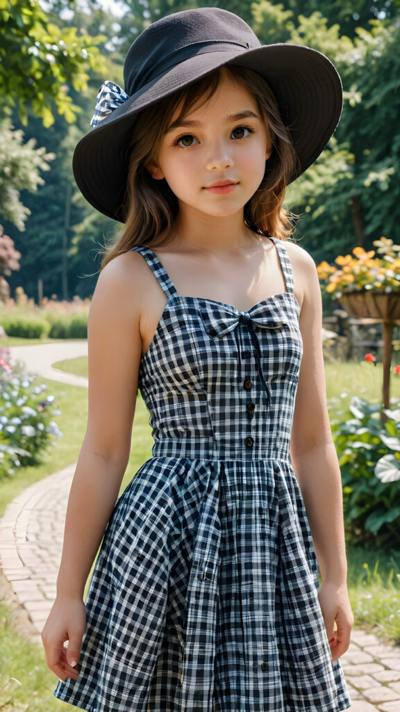 a wonderfully (((detailed and realistic scene))), a stunning and gorgeous cute girl of 13 in the 2000s, checkered thin summer dress, black hat