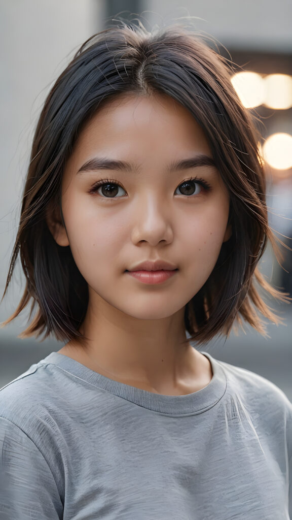 a young Asian teen girl with soft jet hair, ((stunning)) ((gorgeous)) ((detailed close-up portrait)) ((empty plain grey t-shirt))