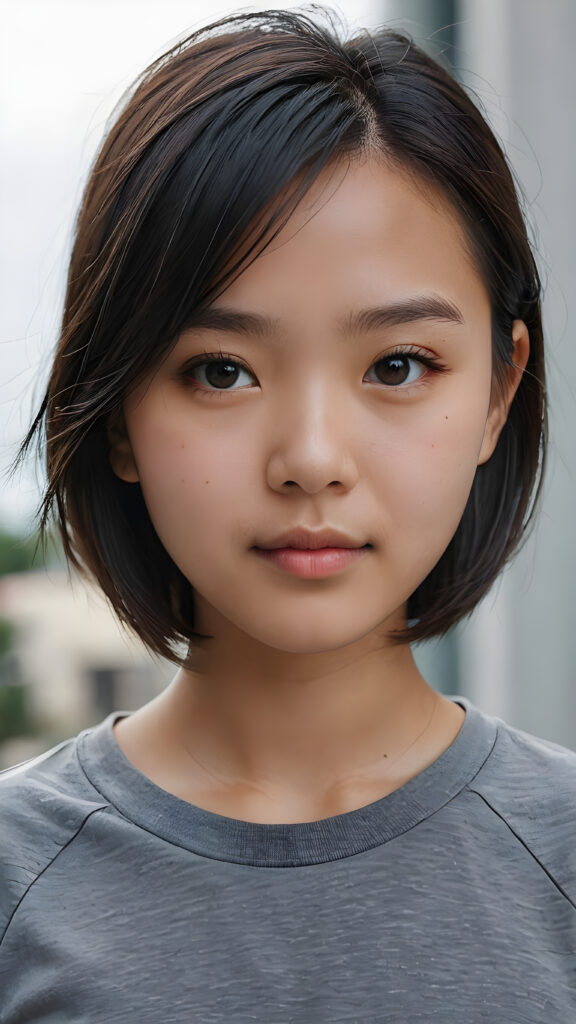 a young Asian teen girl with soft jet hair, ((stunning)) ((gorgeous)) ((detailed close-up portrait)) ((empty plain grey t-shirt))