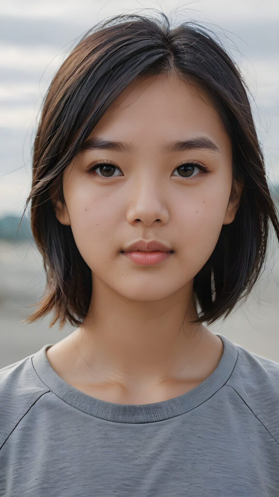 a young Asian teen girl with soft jet hair, ((stunning)) ((gorgeous)) ((detailed close-up portrait)) ((empty plain grey t-shirt))