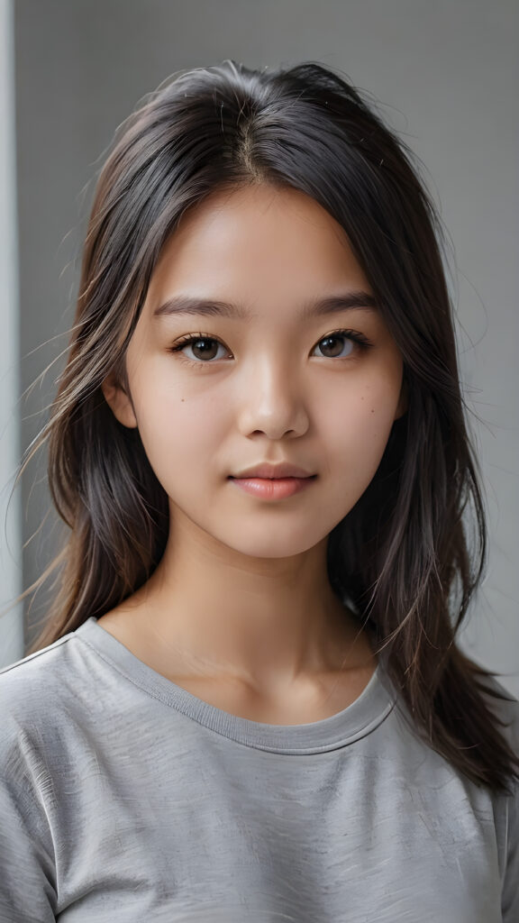 a young Asian teen girl with soft jet hair, ((stunning)) ((gorgeous)) ((detailed close-up portrait)) ((empty plain grey t-shirt))