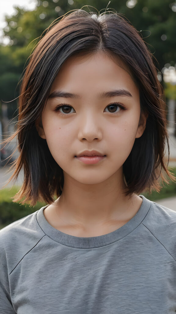 a young Asian teen girl with soft jet hair, ((stunning)) ((gorgeous)) ((detailed close-up portrait)) ((empty plain grey t-shirt))