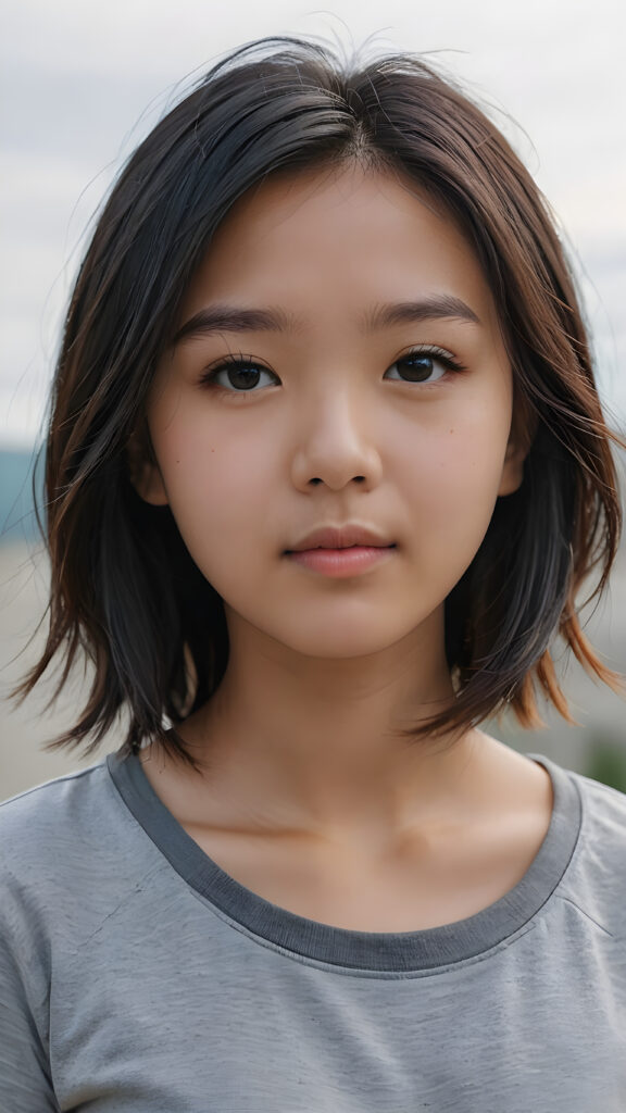 a young Asian teen girl with soft jet hair, ((stunning)) ((gorgeous)) ((detailed close-up portrait)) ((empty plain grey t-shirt))