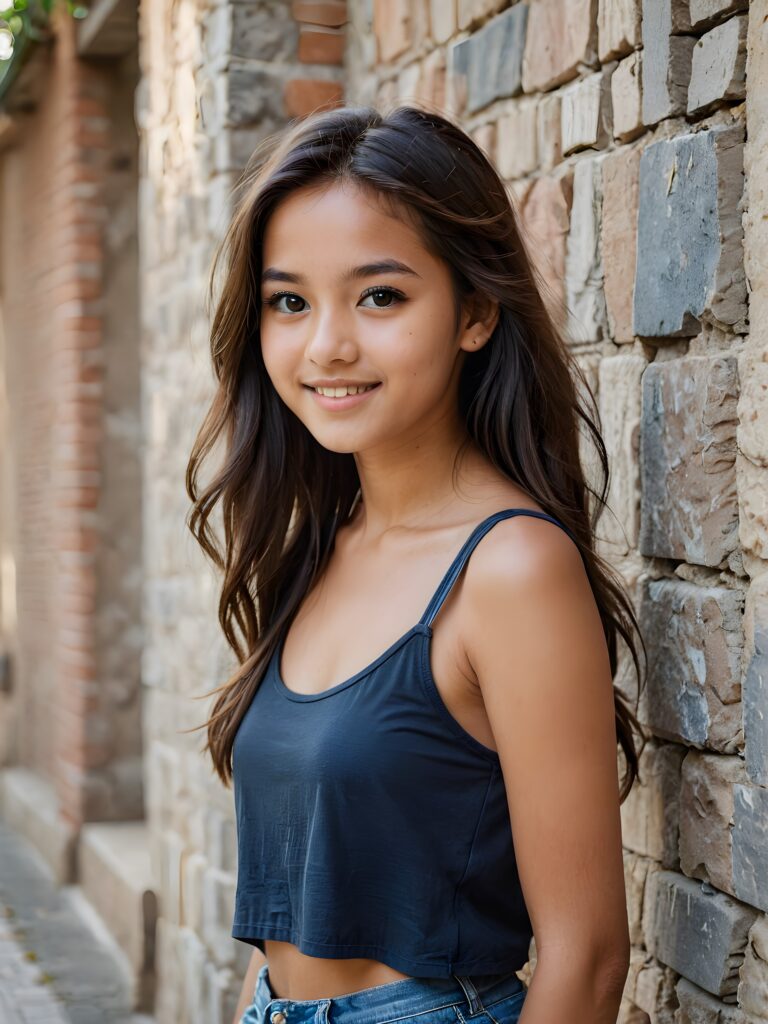 a young Exotic teen girl stands in front of a wall and looks at the viewer. She has long hair and deep black eyes, warm smile, very happy, she is very thin and short dressed in a cropped tank top, ((stunning)) ((gorgeous)) ((upper body portrait))