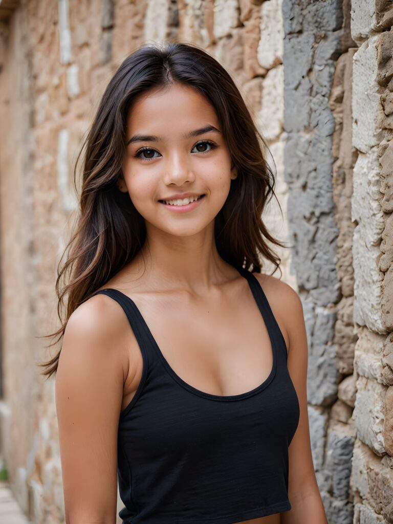 a young Exotic teen girl stands in front of a wall and looks at the viewer. She has long hair and deep black eyes, warm smile, very happy, she is very thin and short dressed in a cropped tank top, ((stunning)) ((gorgeous)) ((upper body portrait))