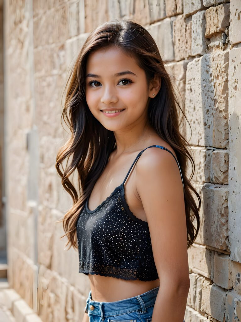 a young Exotic teen girl stands in front of a wall and looks at the viewer. She has long hair and deep black eyes, warm smile, very happy, she is very thin and short dressed in a cropped tank top, ((stunning)) ((gorgeous)) ((upper body portrait))