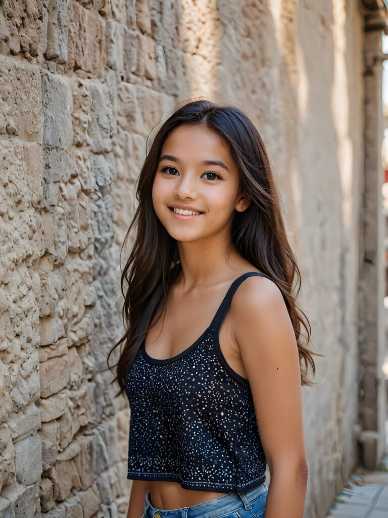 a young Exotic teen girl stands in front of a wall and looks at the viewer. She has long hair and deep black eyes, warm smile, very happy, she is very thin and short dressed in a cropped tank top, ((stunning)) ((gorgeous)) ((upper body portrait))