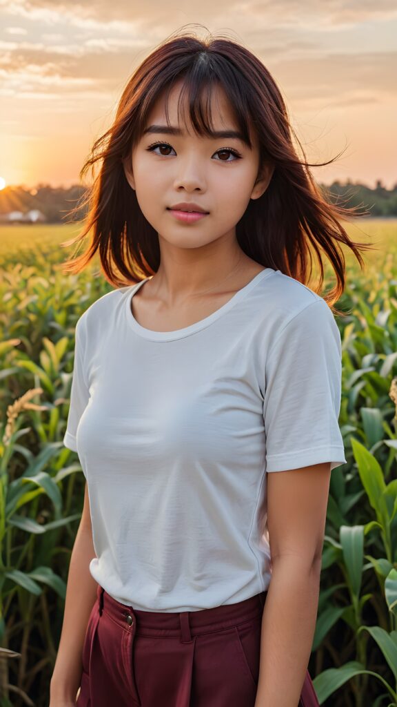 a young Filipino teen girl, 15 years old, detailed hair, bangs, white short tight t-shirt, perfect curved body, ultra realistic face, realistic amber eyes, detailed maroon straight hair, a photo with beautiful saturation, ultra high resolution, stands in a field, sunset in the background, ((full body view)) ((cute)) ((beautiful)) ((female model)) ((stunning)) (upper body)