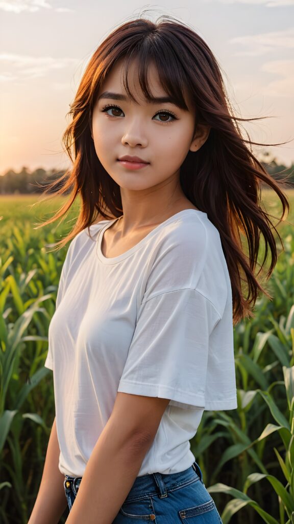 a young Filipino teen girl, 15 years old, detailed hair, bangs, white short tight t-shirt, perfect curved body, ultra realistic face, realistic amber eyes, detailed maroon straight hair, a photo with beautiful saturation, ultra high resolution, stands in a field, sunset in the background, ((full body view)) ((cute)) ((beautiful)) ((female model)) ((stunning)) (upper body)