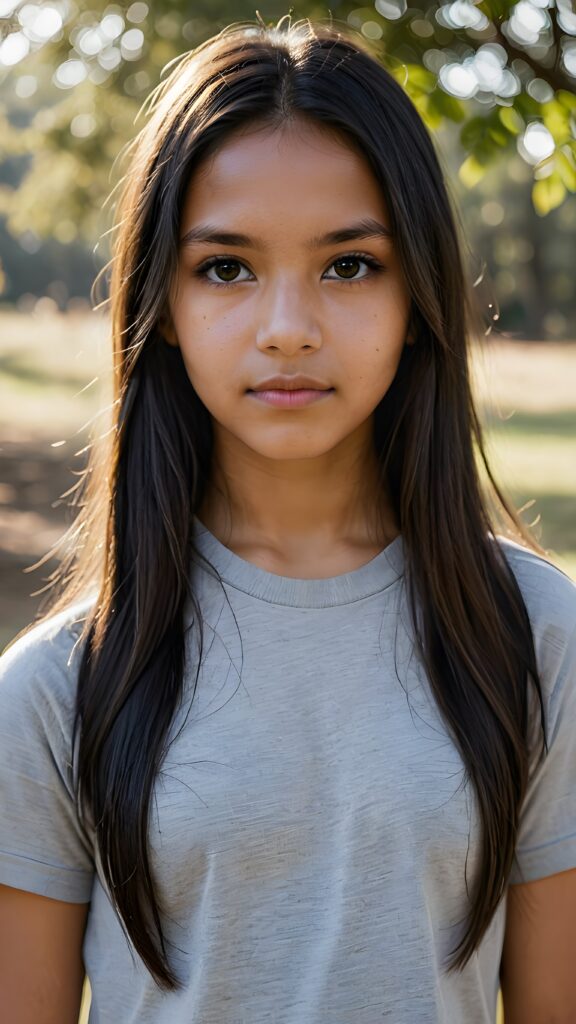 a (((young Indigenous teen girl))) with long, soft flowing, (((straight hair))), and (((deeply dark eyes))), her gaze directed towards the viewer, her features exuding an air of (((stunning beauty))) and (((unfading grace))), she wears a grey short, thin t-shirt