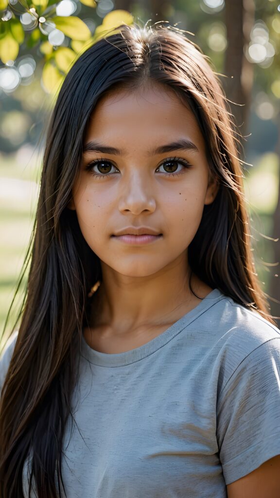 a (((young Indigenous teen girl))) with long, soft flowing, (((straight hair))), and (((deeply dark eyes))), her gaze directed towards the viewer, her features exuding an air of (((stunning beauty))) and (((unfading grace))), she wears a grey short, thin t-shirt