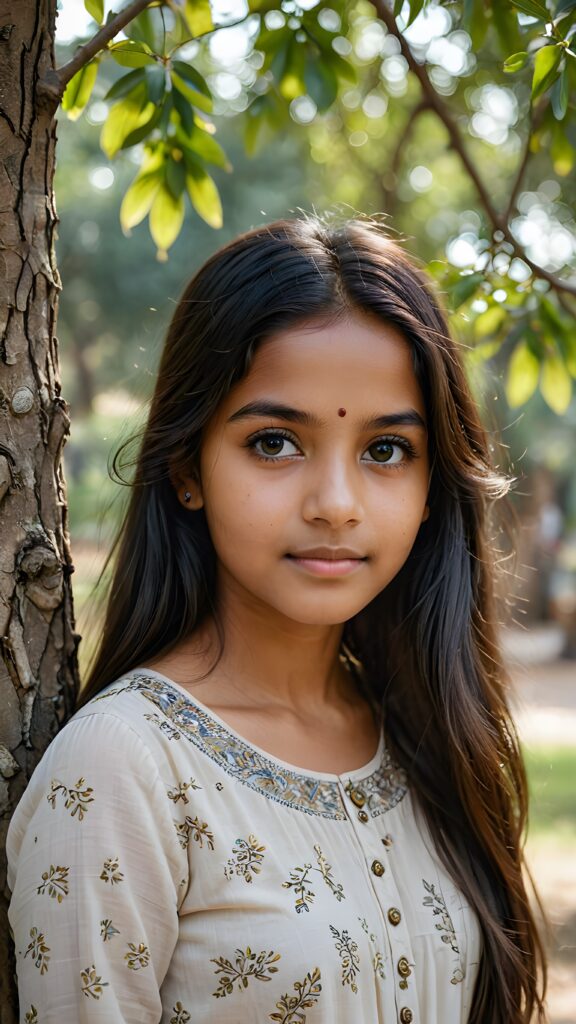 a young Indian teen girl stands in front of a tree and looks at the viewer, she has long straight soft hair and deep black eyes, ((stunning)) ((gorgeous)) ((detailed portrait))