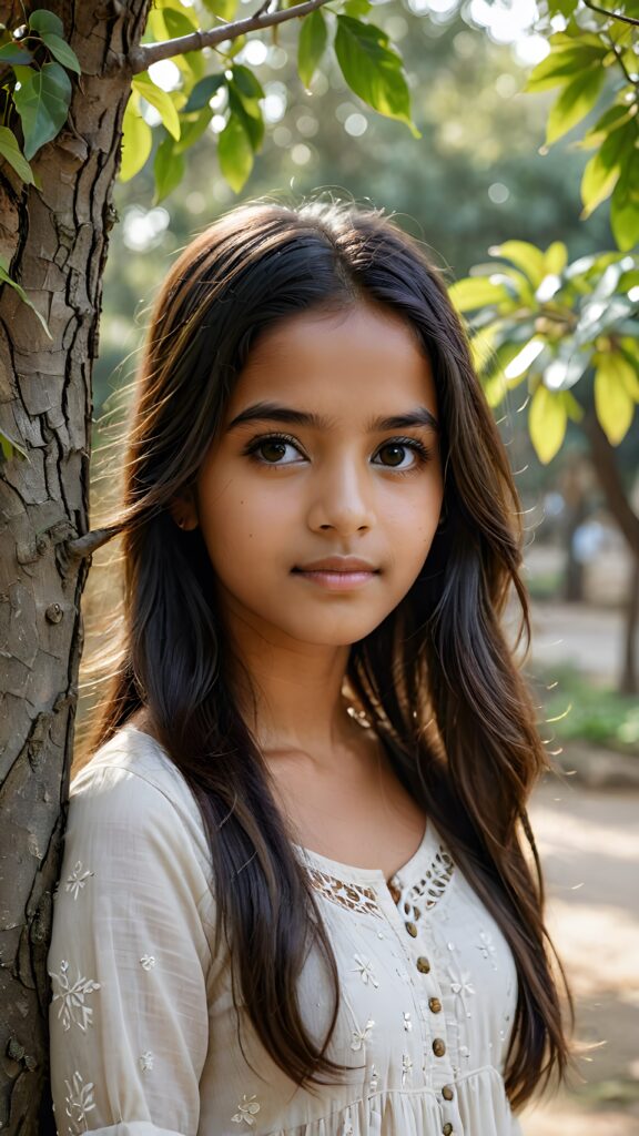 a young Indian teen girl stands in front of a tree and looks at the viewer, she has long straight soft hair and deep black eyes, ((stunning)) ((gorgeous)) ((detailed portrait))