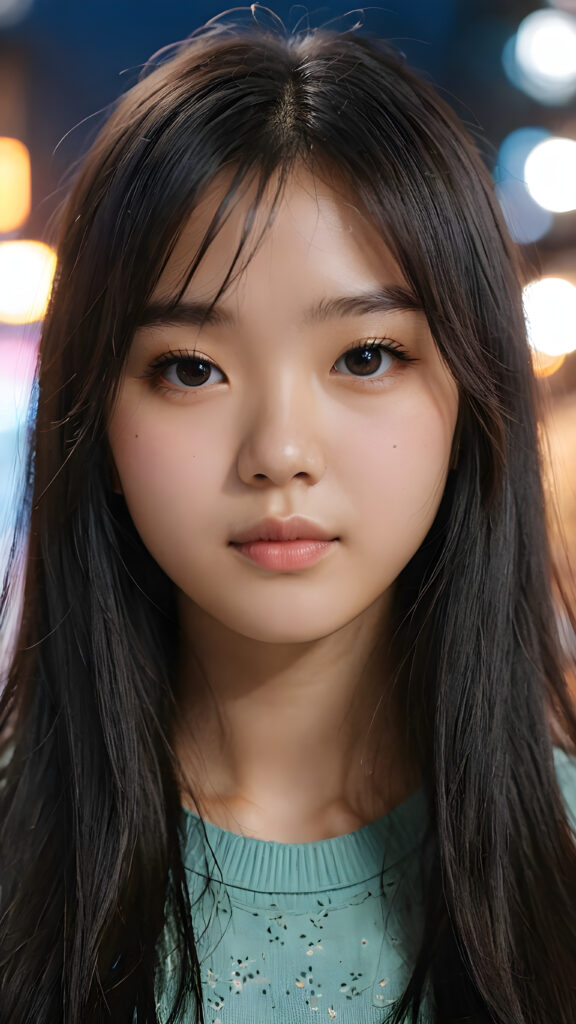 a young Korean teen girl, detailed close-up portrait, straight black long full hair, bangs cut, ((stunning)) ((gorgeous))