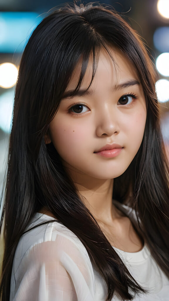 a young Korean teen girl, detailed close-up portrait, straight black long full hair, bangs cut, ((stunning)) ((gorgeous))