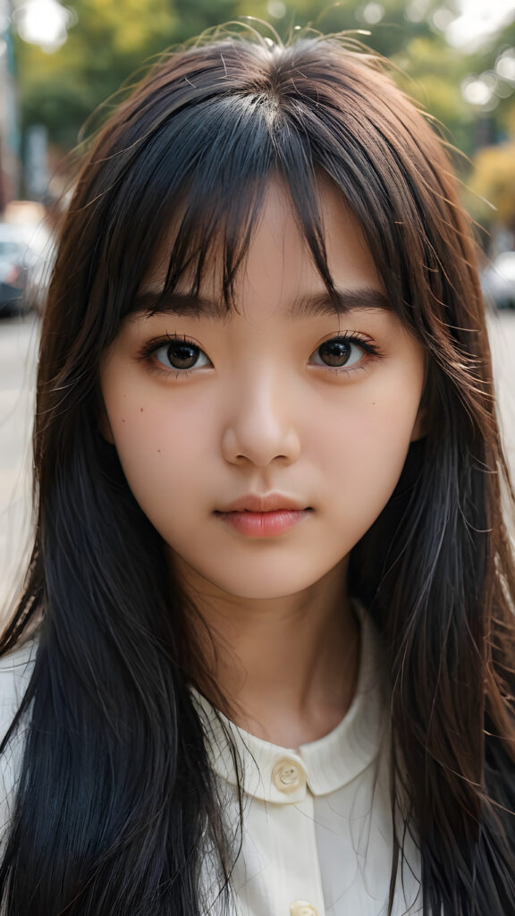 a young Korean teen girl, detailed close-up portrait, straight black long full hair, bangs cut, ((stunning)) ((gorgeous))