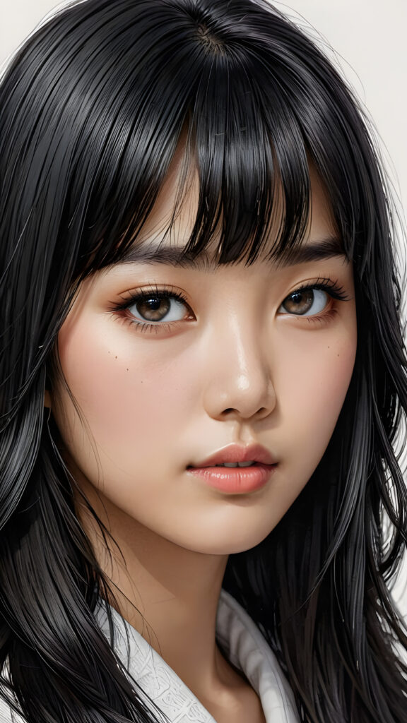 a young Korean teen girl, detailed close-up portrait, straight black long full hair, bangs cut, ((stunning)) ((gorgeous))