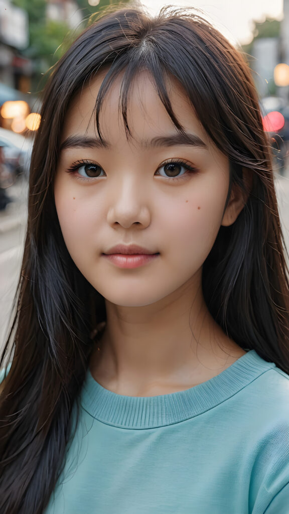 a young Korean teen girl, detailed close-up portrait, straight black long full hair, bangs cut, ((stunning)) ((gorgeous))