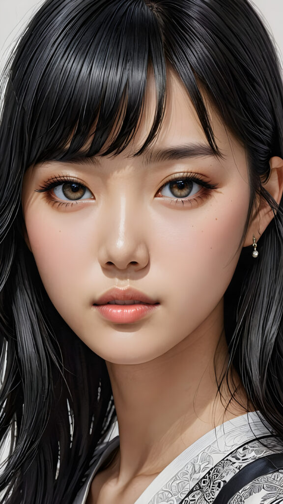 a young Korean teen girl, detailed close-up portrait, straight black long full hair, bangs cut, ((stunning)) ((gorgeous))