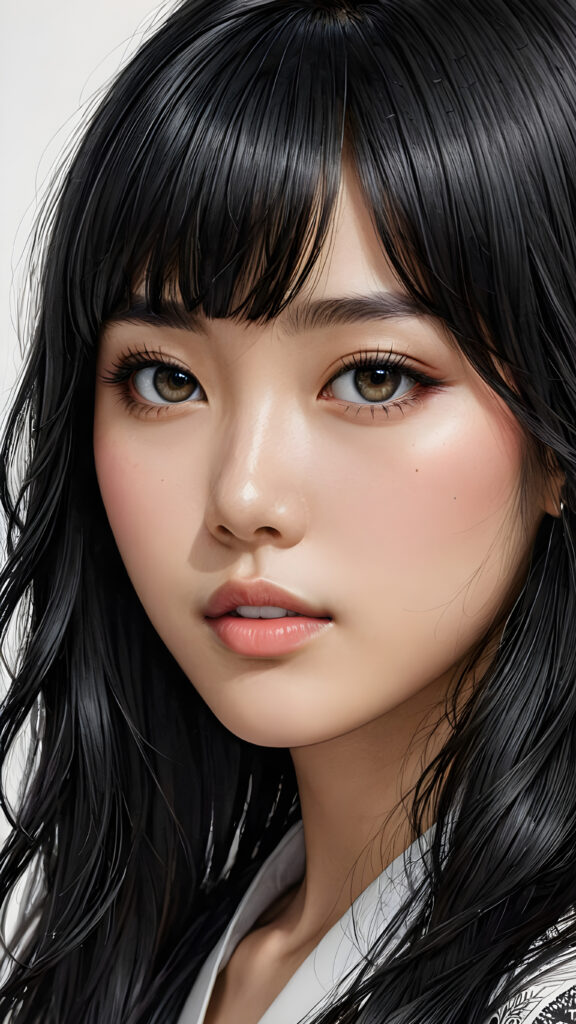 a young Korean teen girl, detailed close-up portrait, straight black long full hair, bangs cut, ((stunning)) ((gorgeous))