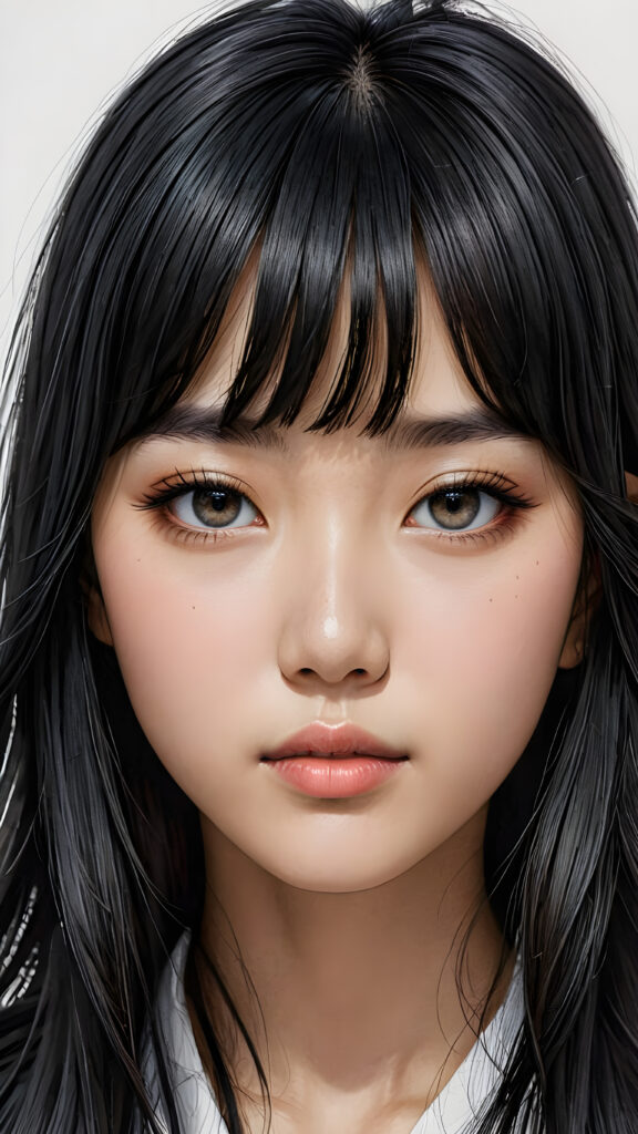 a young Korean teen girl, detailed close-up portrait, straight black long full hair, bangs cut, ((stunning)) ((gorgeous))